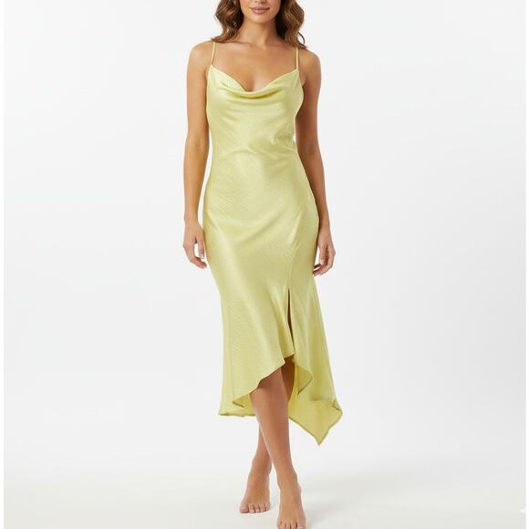Steve Madden Dresses & Skirts - NWT Steve Madden Luxe Satin Asymmetric Hem Drapey Green Yellow Slip Dress, Sz XS